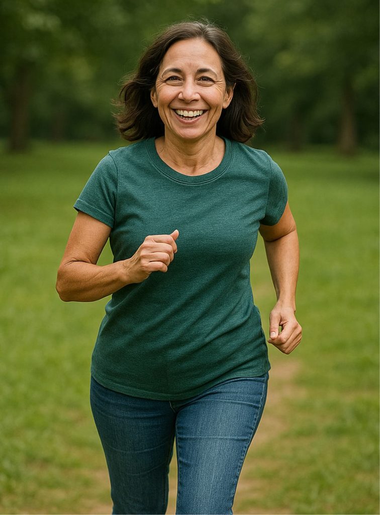 Smiling woman running on trail
